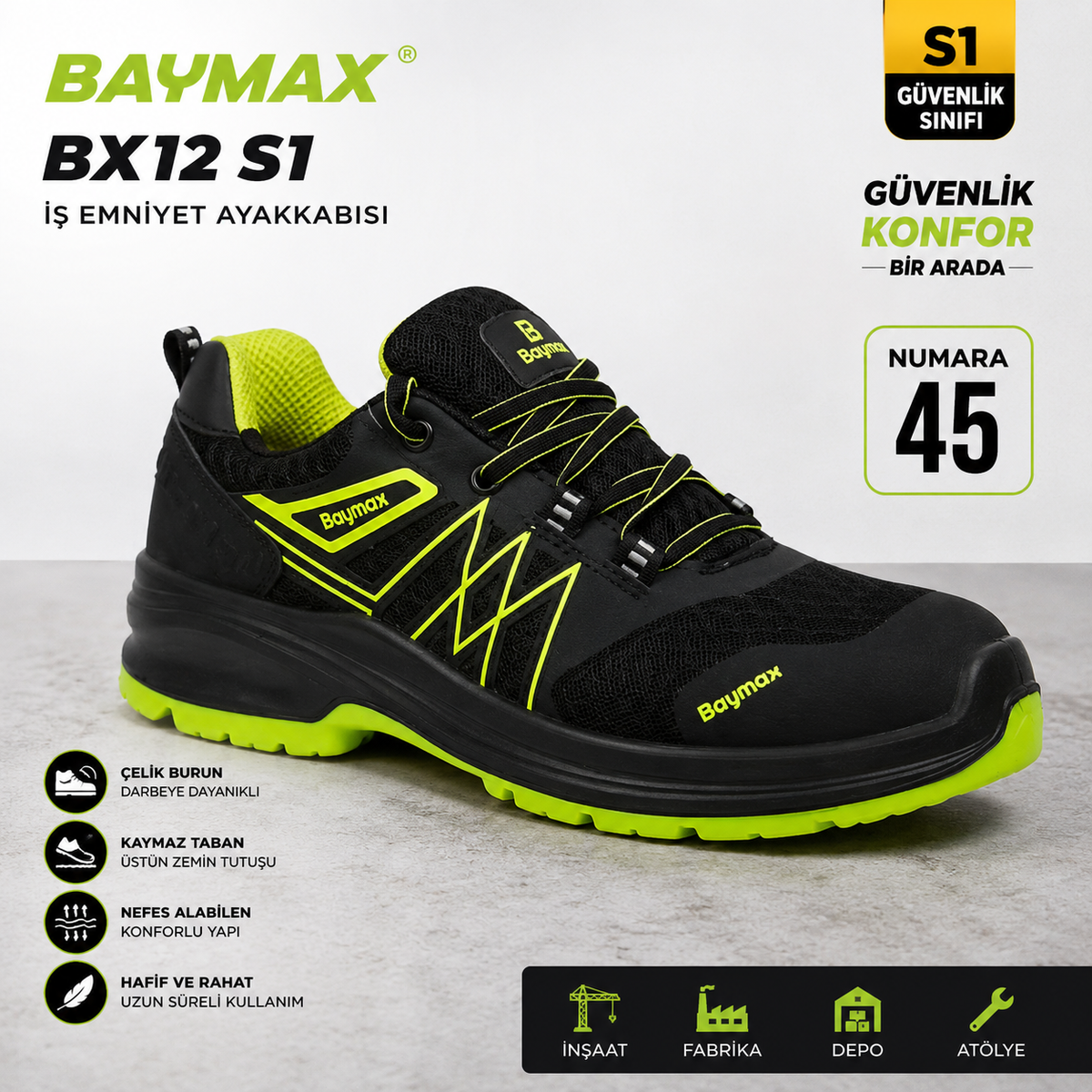 Baymax BX12 S1 İş Emniyet Ayakkabısı – 45 Numara